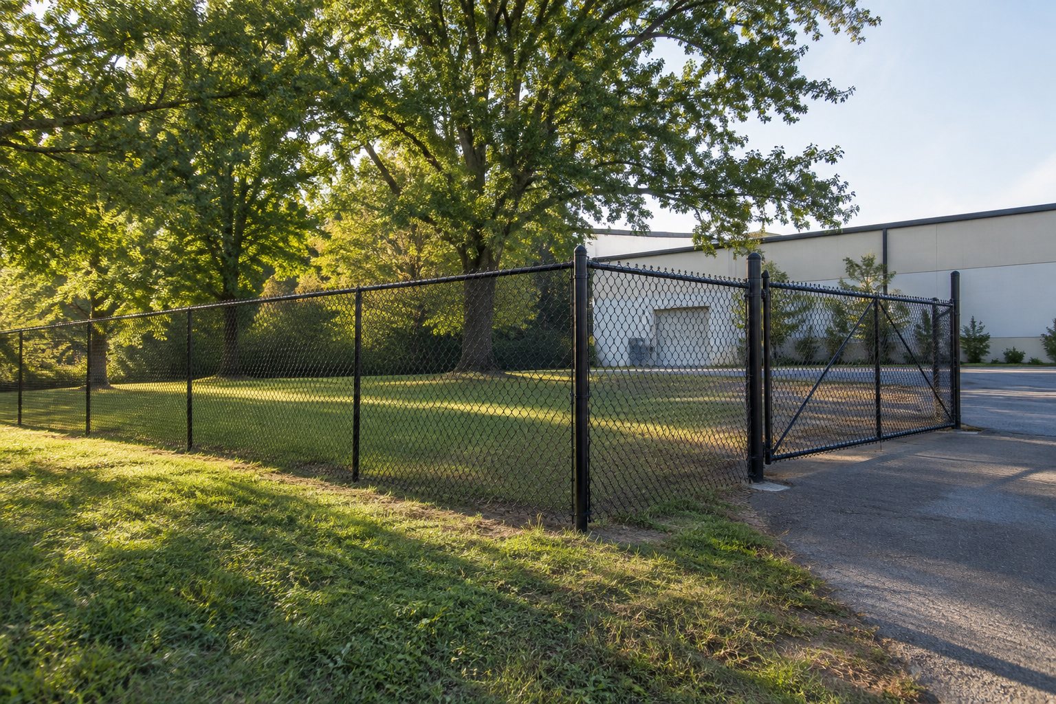 Illustrative chain-link fence and gate at a commercial property