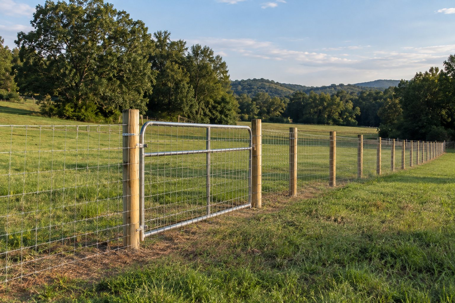 Illustrative woven-wire fence and field gate on rural land